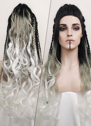 Critical Role Yasha Nydoorin Black Grey White Ombre Braided Lace Front Synthetic Wig LF2121 | Black Grey White Ombre