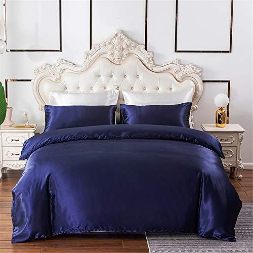 Satin Bedding Sets Double Blue Satin Silk Duvet Cover Sets Sapphire Blue Soft Silky 3 Piece Bedding Set Solid Color Shiny Vibrant Comforter Cover Set with Sham (Double Size, Blue) - Double - Sapphire Blue