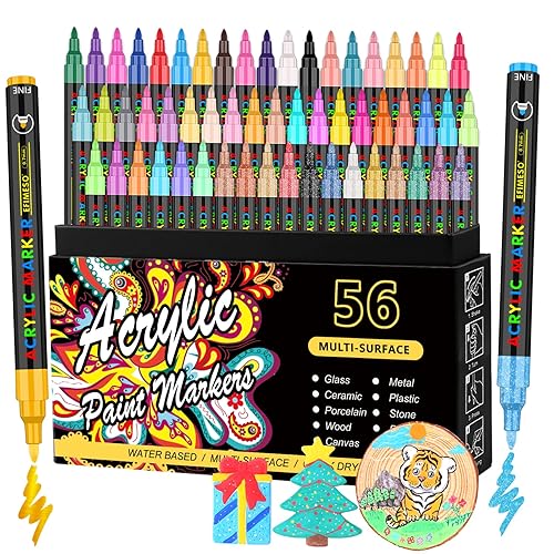 Efimeso Acrylic Paint Pens Set of 56 for Rocks Painting Ceramic Stone Glass Wood Metal, 0.7mm Extra Fine Tip Water Based Markers - 56 colors