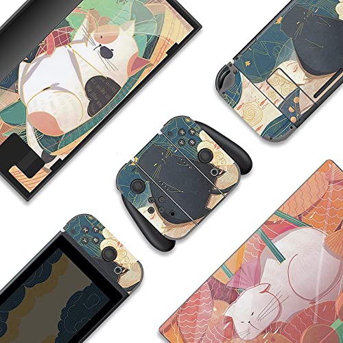 BelugaDesign Fat Cat Switch Skin | Pastel Sticker Wrap Vinyl Decal | Cute Kawaii Animal Leaves Cartoon Full Set Compatible with Nintendo Switch (Switch Standard, Multicolored)