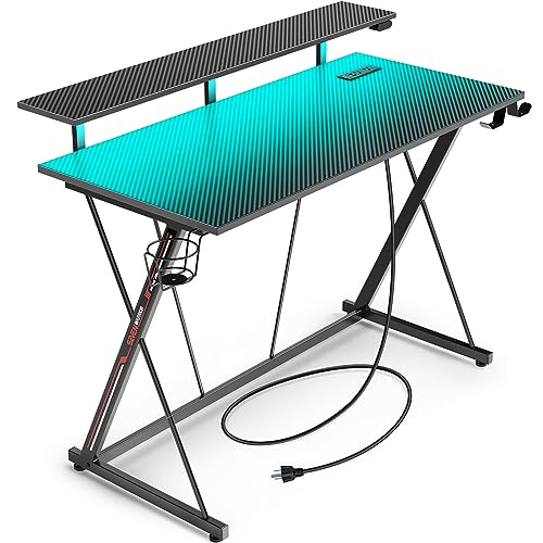 SEVEN WARRIOR Gaming Desk with LED Lights & Power Outlets, 39.4" Computer Desk with Monitor Shelf, Home Office Desk with Cup Holder and Headphone Hook, Ergonomic, Carbon Fiber Surface Black - 39.4 Inch