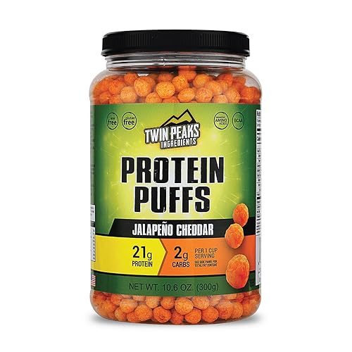 Twin Peaks Low Carb, Keto Friendly Protein Puffs, Jalapeno Cheddar (300g, 21g Protein, 2g Carbs) - Jalapeno Cheddar - 300 g (Pack of 1)