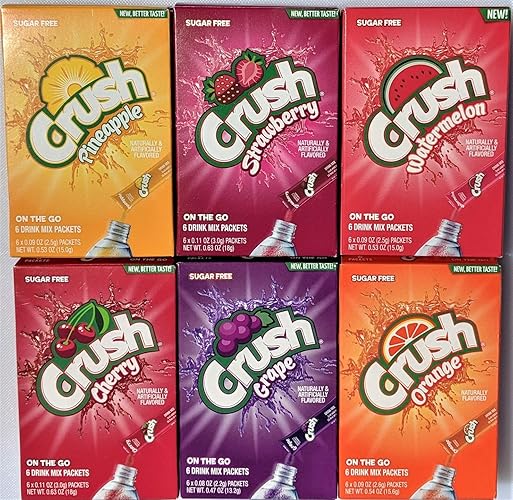On the Go Crush Variety Pack - 6 boxes total - 1 box each flavor: Cherry - Grape - Pineapple - Strawberry - Watermelon - Orange