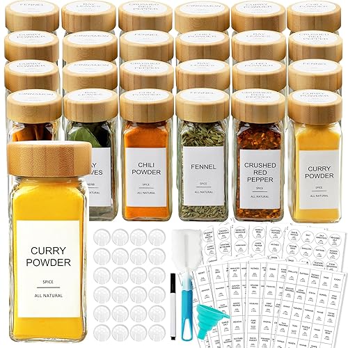 AISIPRIN 24 Pcs Glass Spice Jars with Bamboo Airtight Lids and 398 Labels, 4oz Empty Square Containers Seasoning Storage Bottles - Shaker Lids, Funnel, Brush and Marker Included - Square