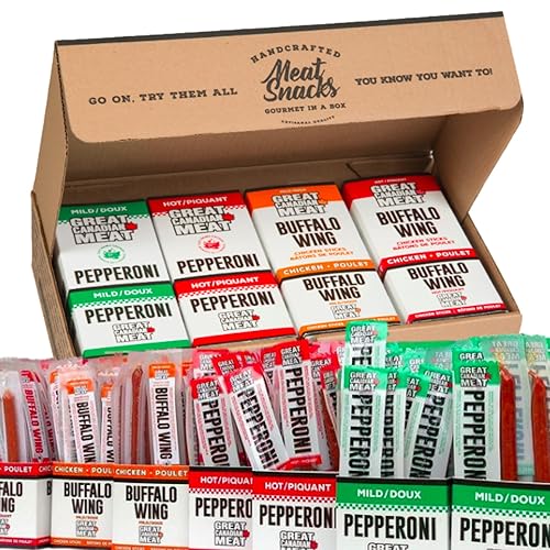 Pepperoni Sticks Variety Flavour Bulk Box, Hot & Mild / Buffalo Wing Bundle 72 x 22g Caddies by Great Canadian Meat, Meat Stick Snacks, Bulk Pepperoni Sticks Box For Carnivores. Perfect For Snacking, Gluten Free, High In Protein