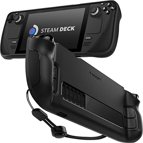 Spigen Rugged Armor Protective Case for Steam Deck LCD (2022) / OLED (2023) - TPU Cover with Wrist Strap, Shock-Absorption, Anti-Scratch Protector - Matte Black