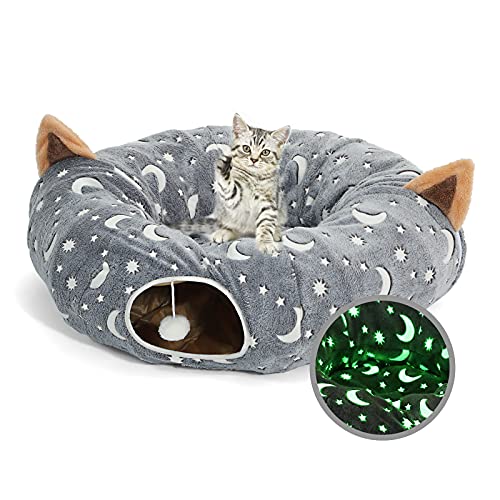 LUCKITTY Cat Tunnel Bed Tube with Cushion and Plush Ball Toy Playground Crinkle Collapsible Self-Luminous Flannel Fabric 3FT for Large Cats Kittens Kitty Small Animals Puppy Grey Moon Star - 3FT
