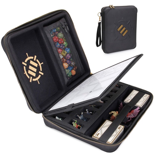 ENHANCE RPG Organizer Case - DND Binder with Built-in Character Sheet Holder and Erasable Scribe Panel, Dice Rolling Area, Removable Pen Pouch, Miniature Foam Tray, Wrist Strap, and More (Black)