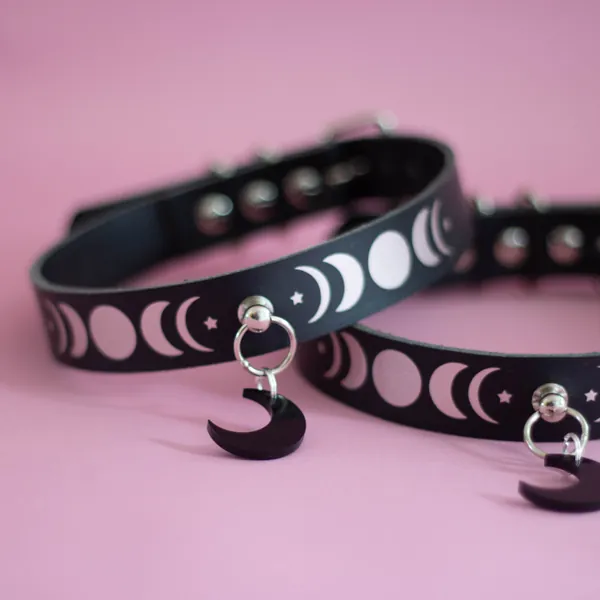 CHOOSE SIZE Black Leather Moon Phase Collar choker with black moon charm  -BDSM submissive fetish Mature