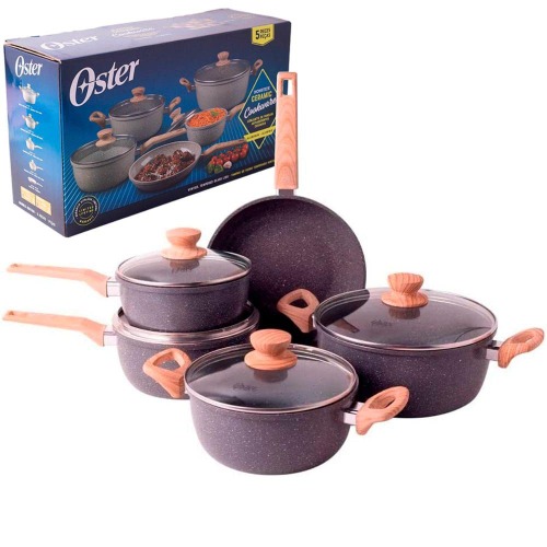 OSTER Conjunto de Panelas Antiaderentes 5 Peças Marble Edition - Jogo de Panela e Frigideira, Construção em Alumínio e Revestimento Duplo de Cerâmica, Alças e Cabos Revestidos em Silicone - Dark Grey - Dark Gray