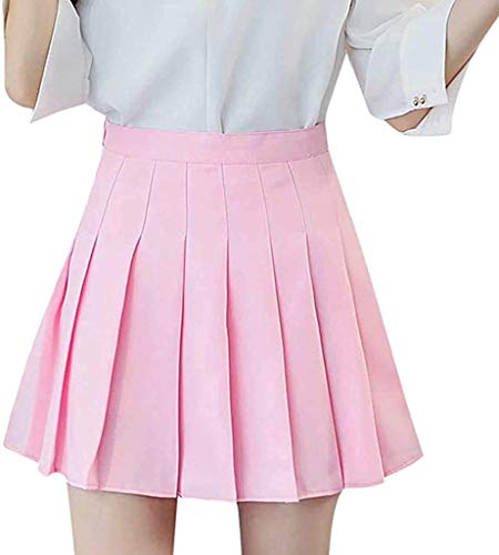 Girls Women High Waisted Pleated Skirt Plain Plaid A-line Mini Skirt Skater Tennis School Uniform Skirts Lining Shorts - Large - Pink