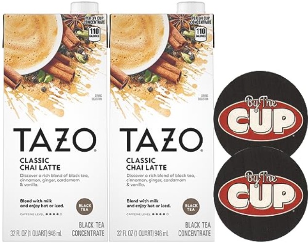 TAZO Classic Chai Latte Black Tea Concentrate, 32 oz (Pack of 2) with By The Cup Coasters - Classic Chai Latte