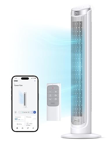 Dreo Smart Tower Fan for Bedroom, Standing Fans for Indoors, 90° Oscillating, 26ft/s Velocity Quiet Floor Fan with Remote, 12H Timer, Voice Control Fans for Indoors, Compatible with Alexa - White