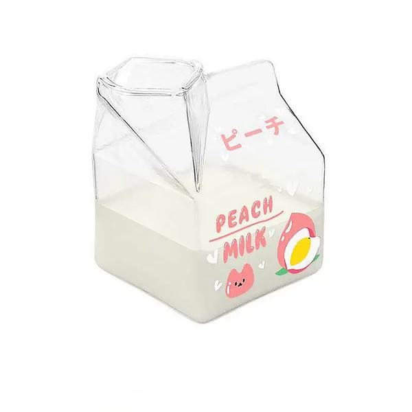 Borohoka Glass Milk Carton,Kawaii Milk Cups,Thicker Glass Clear Coffee Cups,Cute Square Breakfast Mug Yogurt Carton Beverages Irregular Creamer Pitcher Bottle Jug with Colorful Box,13 OZ (Peach) - Peach