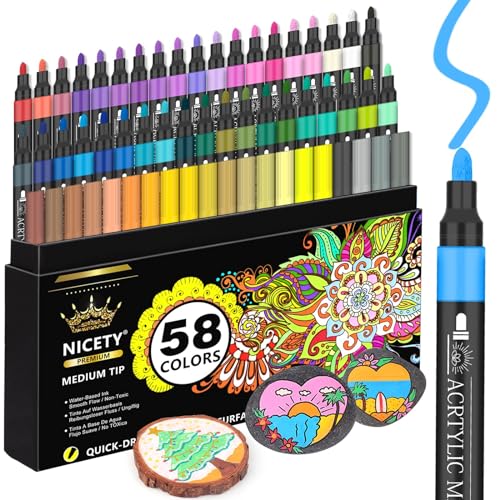 NICETY 58 Colors Acrylic Paint Pens Paint Markers, 3mm Medium Tip Point Acrylic Paint Pens for Rock Painting, Canvas, Wood, Ceramic, Glass, Stone, Fabric, DIY Crafts & Art Supplies - 58 Colors