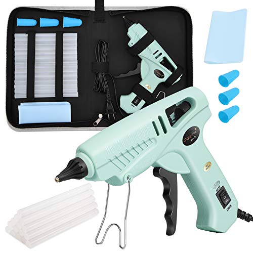 Magicfly 60/100W Hot Glue Gun Full Size with 15 Pcs Hot Glue Sticks (0.43 X 5.9 inch) and Carry Case, Dual Power High Temp Melt Glue Gun Kit with Finger Caps, Mat for Arts Craft, Household, Green - Green