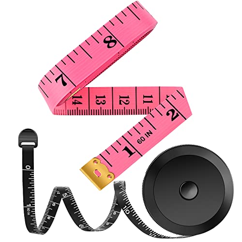 2 Pack Tape Measure Measuring Tape for Body Fabric Sewing Tailor Cloth Knitting Vinyl Home Craft Measurements, 60-Inch Soft Fashion Pink & Retractable Black Double Scales Rulers for Body Weight Loss - Pink & Black