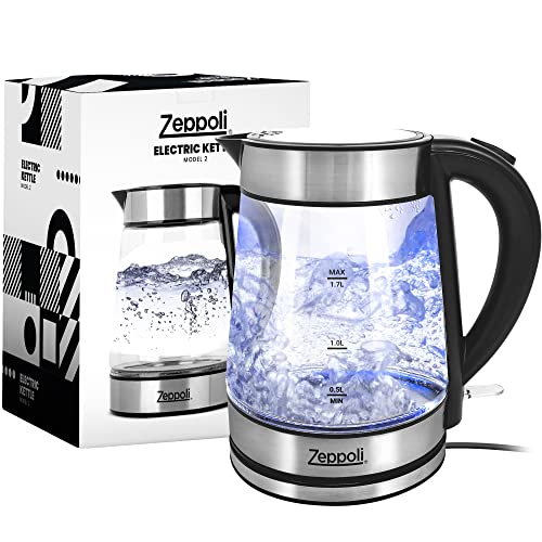 Zeppoli Electric Kettle - Stainless Steel Glass Tea Kettle with Speed Boil & Auto Shutoff - Hot Water Boiler/Heater (1.7L) & Boil-Dry Protection - Cordless & Portable with LED Indicator - Model B