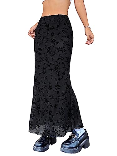 GORGLITTER Women's Floral Print High Waist Maxi Skirt Mesh Frill Trim Bodycon Long Skirts - Small - Black