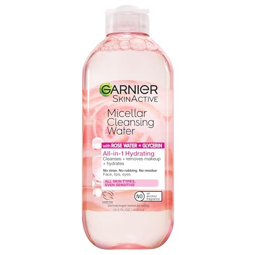 Garnier Micellar Water with Rose Water and Glycerin, Facial Cleanser & Makeup Remover, All-in-1 Hydrating, 13.5 Fl Oz (400mL), 1 Count (Packaging May Vary) - 13.4 Fl Oz (Pack of 1)