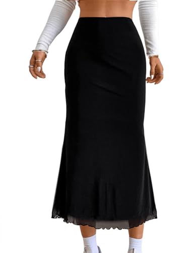 SOFIA'S CHOICE Women's High Waisted Mesh Fishtail Bodycon Long Maxi Skirt - Small - Black Lettuce Trim