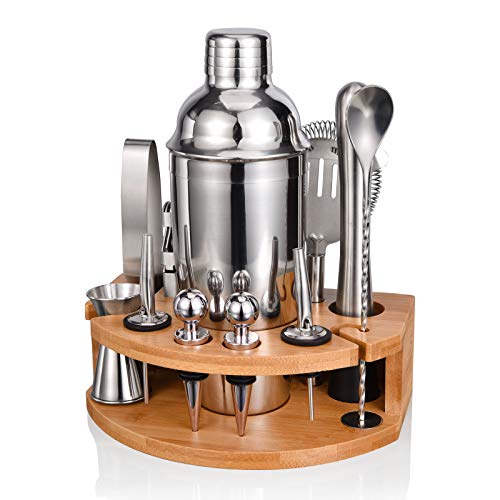 Esmula Bartender Kit with Stylish Bamboo Stand, 12 Piece 25oz Cocktail Shaker Set for Mixed Drink, Professional Stainless Steel Bar Tool Set, Gift for Man Dad- Cocktail Recipes Booklet - Stainless Steel