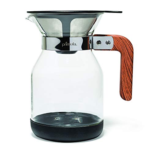 Primula Park Set with Permanent Reusable Removable Filter Coffee Dripper Pour Over Maker Brewer Pot, Borosilicate Glass, Easy to Use and Clean, 36 oz - Dark Wood Handle, Stainless Mesh Filter
