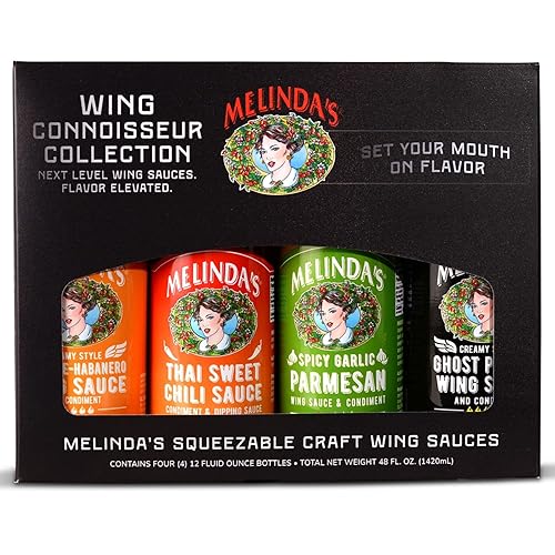 Melinda’s Wing Connoisseur Collection - Craft Wing Sauce & Condiment Set for Buffalo Wings - With Creamy Style Cayenne Habanero, Thai Sweet Chili, Spicy Garlic Parmesan & Ghost Pepper - 12 oz, 4 Pack - Wing Connoisseur Collection