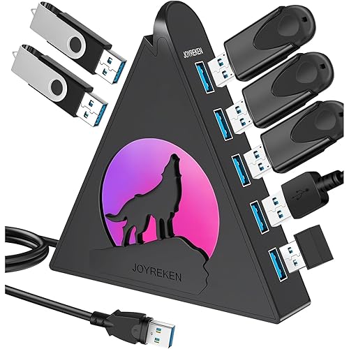 7 Port USB Hub, JoyReken USB 3.0 Hub with 2 FT Long Cable, Vertical USB Extension Hub for Laptop, MacBook, Xbox, PS4/5, Flash Drive, XPS, PC, Flash Drive, Game Console, Printer, Camera,Keyborad, Mouse - 7 Port USB 3.0 - HowlingWolf