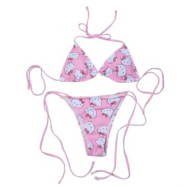 Two Piece Swimsuit for Women Triangle Thong Lace Up Halter Bathing Suits High Waisted Sexy Strap Bikini Set Pink