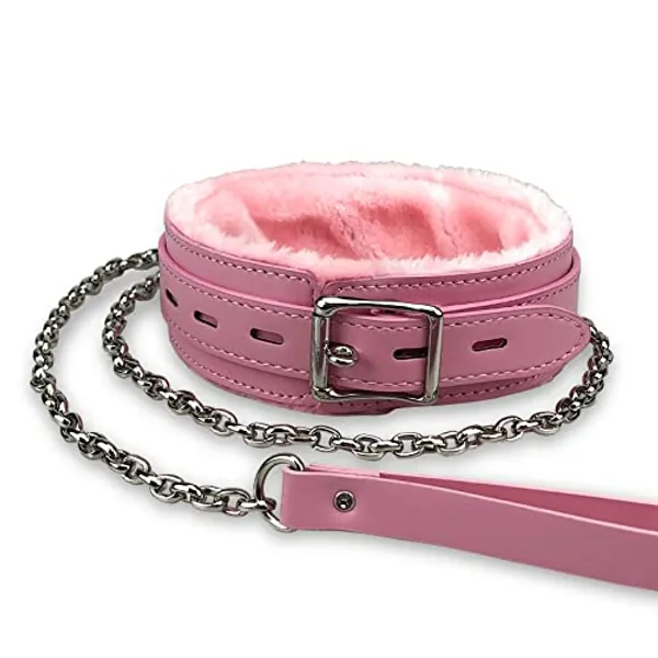 Gothic Leather Choker Collar, PU Leather Fur Lined Collars Necklace with Long and Durable Detachable Leash Chain Pet Collars, Pink