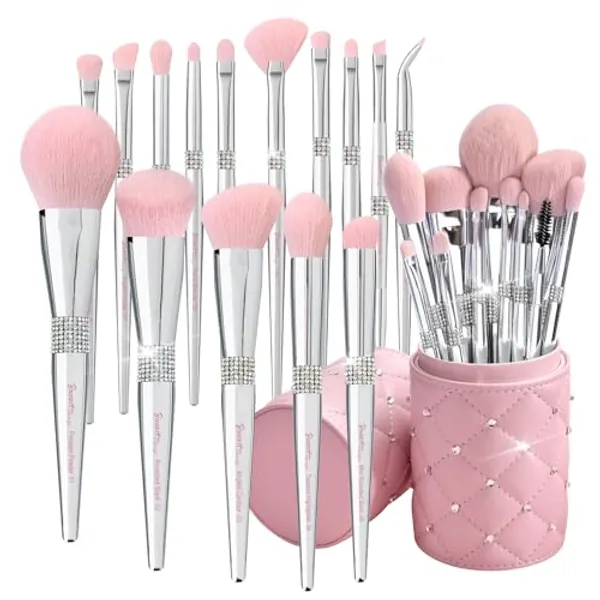 Bueart Design Elegant pink Ultra soft labeled Makeup Brushes Sets with Brush Holder makeup brush set with Foundation Powder blush blending contour Brush (15Pcs Silver Pink+Holder)