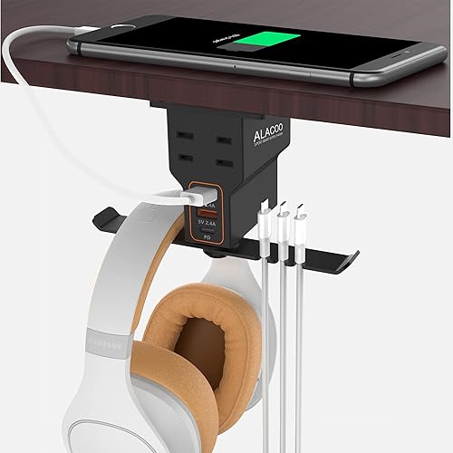 ALACOO Headset Holder for Desk, Dual Headphone Stand, PC Gaming Headphones Hanger Hook Under Desk with (QC3.0) 3 USB Charging Station & 2 AC Outlet(800W) for All Earphone Accessories Gamer Gift