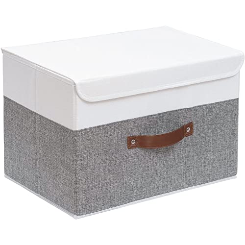 Yawinhe Collapsible Storage Boxes, Linen Fabric Storage Baskets Washable, with Lids and Leather Handle, for Home, Closet, White/Grey, 17.7''Lx11.8''Wx11.8''H, 1-Pack, USNK024WGX-1 - 17.7x11.8x11.8in/1-Pack - White/Grey