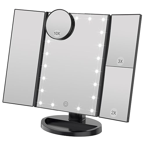 WEILY Kosmetikspiegel mit 21 LED Licht und 2X/ 3X Vergrößerung, USB und Batterie Dual Power Modus, Touchschalter für Dimmbare Helligkeit (Schwarz) - Schwarz