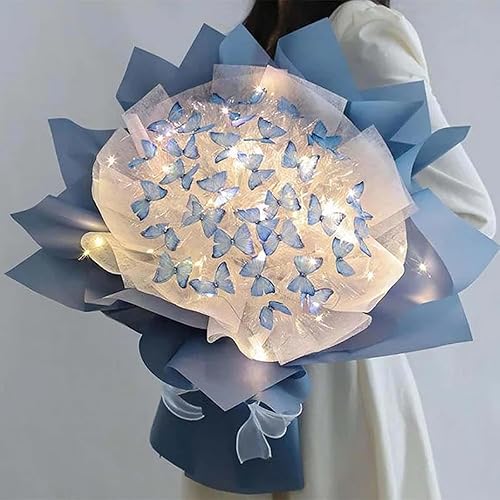 CHENRI DIY Butterfly Bouquet Gift Kit Set, 33 Kreativer Schmetterlingsstrauß, DIY Künstlicher Blumenstrauß mit Licht, Blumenstrauß Zubehör DIY Blumen Unvollendete Material Kit für Valentinstag (Blau) - Blau