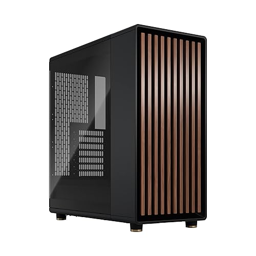 Fractal Design North Charcoal Black Tempered Glass Dark - Wood Walnut front - Glass side panel - Two 140mm Aspect PWM fans included - Intuitive interior layout design - ATX Mid Tower PC Gaming Case - Charcoal Black TG Dark - North