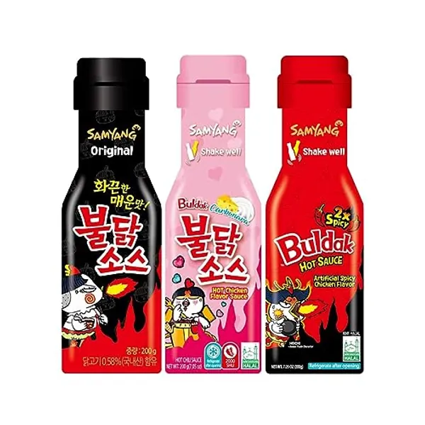 Samyang Buldak Sauce Hot Sauce Variety Set - Buldak Ramen Carbonara, Hot Sauce Piquante, Hot Chicken Flavor x2 Spicy (3 x 200g) - Fire Noodles Challenge