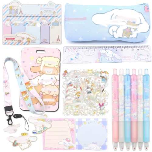Colorful School Supplies Set, Includes Pencil Case, Roller Ball Pens, Ruler, Notepads, Adhesive Stickers, Pins, Neck Cord with ID Holder