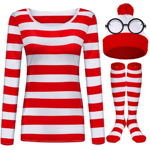 URATOT Adult Women Costume Sets Red and White Striped T-shirt Knit Beanies Striped Socks Nerd Glasses - Large