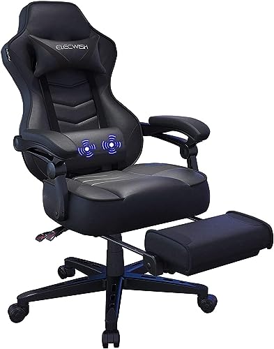 Fullwatt Racing Gaming Chair for adults with Footrest and Massage Lumbar Pillow, Swivel Height Adjustable Reclining PU Leather Video Game Chair, E-Sports Gaming Chair Big and Tall(Black) - Massage Black