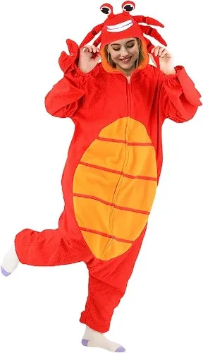 Crab Onesie Adult Red Crab Pajamas Animal Pajamas Halloween Cosplay Costume Polar Fleece Sleepwear Homewear