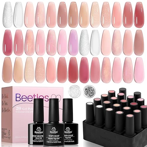 Beetles Pink Nude Gel Nail Polish Set, Gifts for Women 20 Colors Neutral Jelly Pink Sheer Glitter White Color Soak Off UV Gel Kit with Base Gel Glossy Matte Top Coat DIY Manicure - 20 Colors Nude Paradise