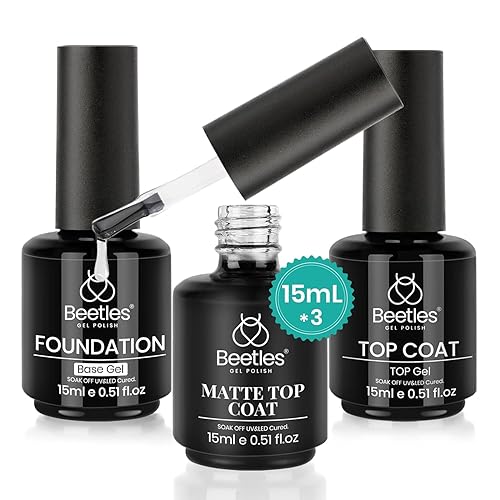 Beetles Gel Polish, 3Pcs 15ml Base Gel and No Wipe Top Coat Gel Nail Polish Matte Coat Set, Shine Finish and Long Lasting, Soak Off LED Nail Lamp Gel Nail Polish DiY Design Gifts for Women - 15ml Base Gel and No Wipe Gel Top Coat Matte Coat