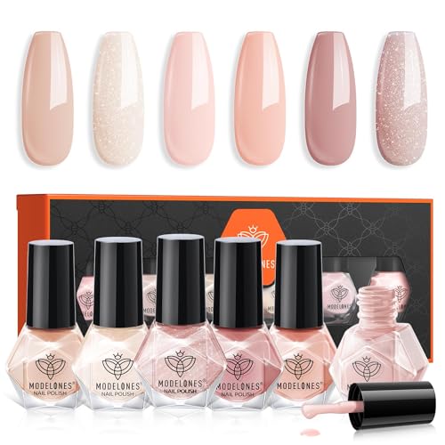 Modelones Nail Polish Set-6 Colors Neutral Nude Skin Tone Glitter Nail Polish Quick Dry Nail Polish Finger Nail Polish Bulk Manicure Diy Nail Art Salon Home Classic Nail Art for Everyday Mothers Day Gift For Women Mom - Neutral Nude Skin Tone Glitter