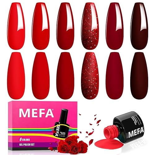 MEFA Gel Nail Polish Set 6 Colors Red Gel Polish Kit Valentine's Day Burgundy Glitter Nail Polish Soak Off Rose Dark Red Shimmer Nail Art Design DIY Home Salon Manicure Gifts for Women Girls - Burgundy