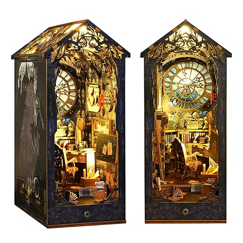 Book Nook Kit, MOJINO DIY Miniature 3D Puzzle Wooden Bookends Dollhouse with LED Lights for Bookshelf Decor, Tiny Miniverse Model House Art Craft for Adults Gril Halloween Christmas Decoration GIF - Detective