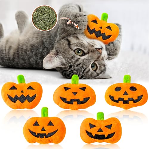 MALLMALL6 Catnip Toys for Cat - 5Pcs Halloween Pumpkin Jack O Lantern Catmint Interactive Cat Toy for Indoor Cats, Soft Plush Orange Cat Supplies, Kitten Teething Chew Toy Set, Pet Gifts for Cat Lover
