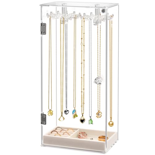 GEAMSAM Acrylic Necklace Holder, Necklace Organizer with 24 Hooks, Rotation Clear Jewelry Organizer for Long Necklaces, Bracelets, Dustproof Jewelry Display with Velvet Storage for Rings Earrings - Rectangle with velvet tray