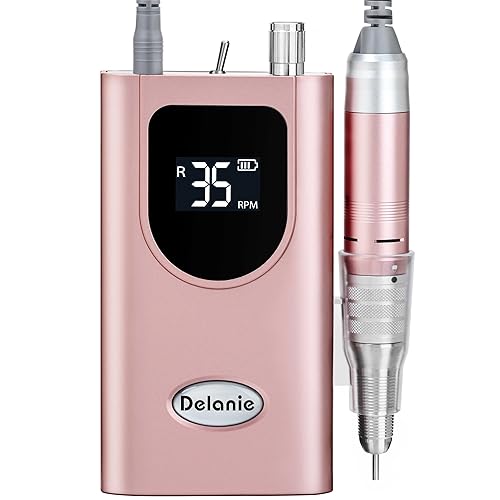 Delanie Professional Nail Drill for Acrylic Nails, High Torque 35,000 RPM Rechargeable Electric Nail File for Acrylic Nails, 2,000mAh, LCD Display, High Speed, Low Heat, Low Vibration Rose Gold - Gold